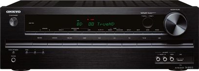 Czarny amplituner kina domowego Onkyo TX-SR313, widok z przodu, zielony wyświetlacz "BD 00 TrueHD", przyciski i gniazda z przodu