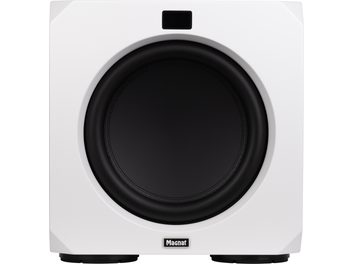 Omega CS 12 subwoofer, front view, white casing, central black circular speaker, rectangular screen at the top, logo at the bottom