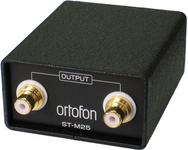 Transformator für Plattenspieler Ortofon ST-M25, Vorderansicht, 2 vergoldete RCA-Anschlüsse, rechteckiges schwarzes Gehäuse