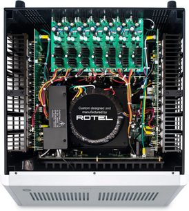 Rotel RMB-1587 MKII multikanals effektforstærker sølv, set ovenfra, grønne kredsløb, farvede kabler, central transformer