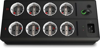 Czarna listwa zasilająca EAT Essential Audio Tools MM8+, 8 gniazd Schuko, czerwone lampki kontrolne, zielony włącznik, widok z przodu