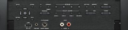 Forside af Yamaha RX-A3080 sort forstærker med knapper, drejeknapper, porte og display, tæt frontvisning