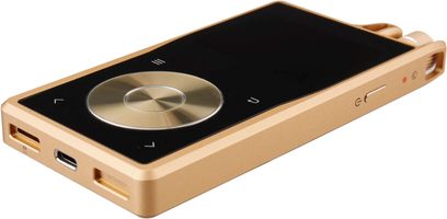 Questyle QP2R gold audiofil musikafspiller, set ovenfra, rektangulært guldfarvet kabinet, sort skærm, sølvfarvet drejeknap