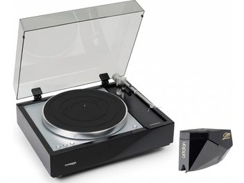 Černý a stříbrný gramofon Thorens s otevřeným průhledným krytem a černou přenoskou Ortofon 2M vedle něj