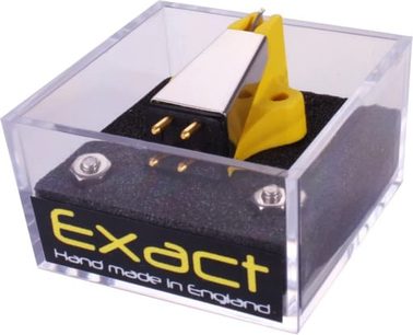 Rega Exact vinylpladespiller i gennemsigtig kabinet, gul tonarm, diamantspids, forgyldte stik