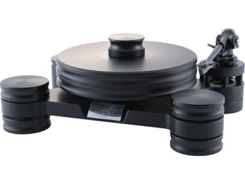 Hi-Fi gramofon Transrotor Dark Star RB880 v matné černé barvě, pohled zepředu ze tří čtvrtin, s tlustým drážkovaným talířem, ramenem na čtecím válci a třemi masivními válcovými nohami