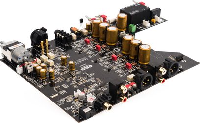 Hi-Fi-Kopfhörervorverstärker Questyle CMA Fifteen, schwarze interne Platine mit goldenen Kondensatoren und XLR/RCA-Anschlüssen