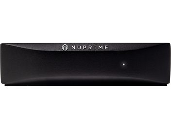 Nuprime BTR-HD wireless transmitter in matte black rectangular shape, white logo, on black background, front view
