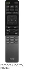 Svart BenQ-projektorfjärrkontroll sedd framifrån, bakgrundsbelysta knappar, centralt navigeringshjul