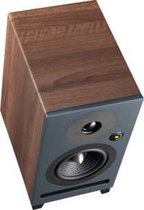Davis Acoustics Krypton 3 classik riešutmedžio lentyninė kolonėlė, vaizdas iš viršaus, medinis korpusas, pilka priekinė dalis, 2 apvalūs garsiakalbiai