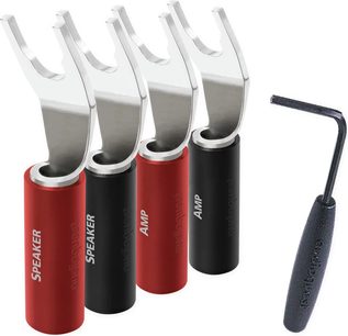 8er-Set Audioquest SureGrip 100 Bananenstecker, silberfarben, schwarz-roter Korpus, abgewinkelte silberne Gabelkontakte