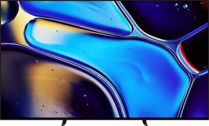 Sony BRAVIA 8 (77XR80) fladskærms-tv, set forfra, abstrakt blå og gul skærm, sorte fødder synlige