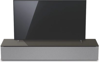 Rektangulært sort og gråt audio-video-møbel med et rent og moderne design, fremstillet af metal og skinnende lakeret skrå panel