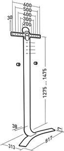 Technical diagram with dimensions of an Erard STANDIT 600 floor-standing audio-video cabinet, side view, in black and white