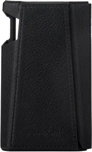 Astell&Kern sort etui til Kann Max i sort læder, set forfra, lukket, med synlige syninger og relieflogo