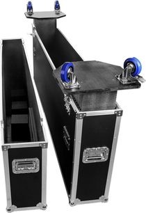 Svart flightcase for skjerm Power Acoustics Flight Ecran 75/85, åpen, med blå hjul og sølvfargede kanter