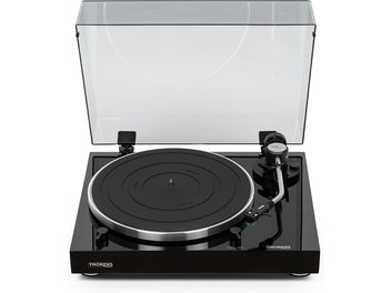 Thorens TD 204 A hi-fi platespiller i sort, rektangulær, pleksiglasslokk, skinnende plastchassis, matt tallerken, tonearmer