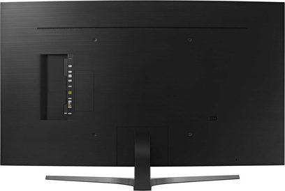 Samsung UE65MU6645 sort fladskærms-TV, set forfra, med tilslutninger på bagsiden og centralt metalben