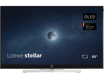 Loewe Stellar 65 DR+ televisie zwart, 65-inch flatscreen op zilveren voet, vooraanzicht