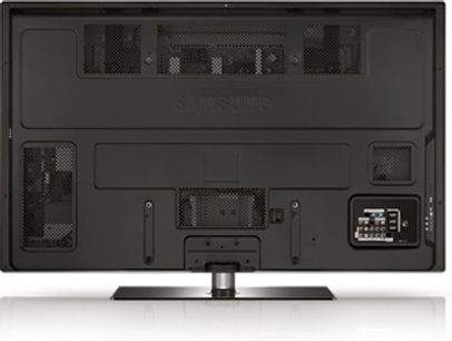 Bagside af Samsung PS50B550 TV, der viser audio/video-stik, HDMI-porte, USB-porte og hukommelseskortplads