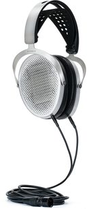 Auriculares hifi abiertos con cable Hifiman Edition XV, plateado/negro, metal, rejillas perforadas, cables a XLR de 4 pines, vista lateral