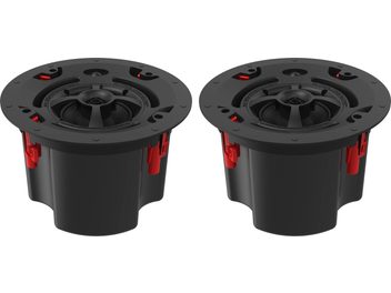 Innebygde takhøyttalere Klipsch PIC-450-T BW, sett ovenfra, sirkulær form, svart kabinett, synlige røde fester