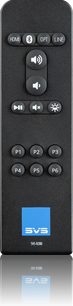 Imagen frontal del mando a distancia negro SVS SV-R200, con botones para controlar el amplificador estéreo hi-fi Prime Wireless Pro SoundBase