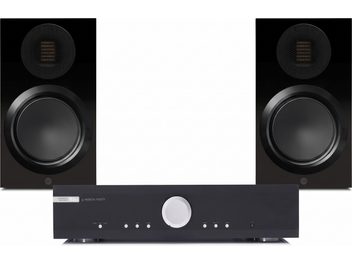 Černý hi-fi zesilovač Musical Fidelity M3si se stříbrným knoflíkem, doplněný dvěma černými reproduktorovými soustavami s odkrytými měniči