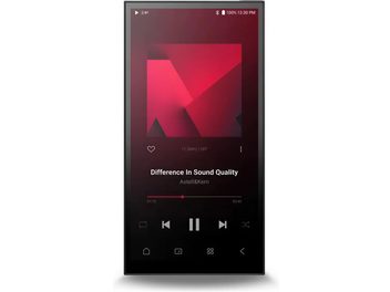 Siyah Astell&Kern PD10 audiofil taşınabilir müzik çalar, çalmakta olan bir ses oynatıcıyı gösteren dokunmatik ekranlı, önden görünüm