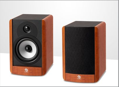 Boston Acoustics A26 cherry bookshelf speakers, front view, one speaker facing front and one at a three-quarter front angle