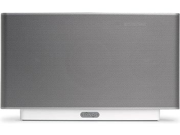 Sonos PLAY:5 trådløs højttaler, hvid, rektangulær, perforeret metalgitter, udvidet base, ensfarvet grå baggrund