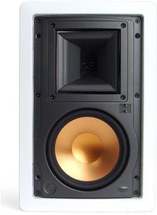 Klipsch R5650W indbygningshøjttaler til loft, set forfra, hvid ramme, sort højttaler og gylden centralkerne