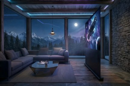 Téléviseur écran plat géant dans un salon moderne, vue de profil, image spatiale face à une baie vitrée de nuit