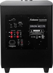 Subwoofer Cabasse Orion MC170 nero ebano, vista frontale, con connettori e regolazioni sul pannello posteriore