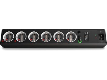 Melna 6 kontaktligzdu EAT Essential Audio Tools MM6+ kontaktligzda, alumīnija korpuss, slēdzis, indikatori, 50 cm