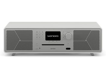 Sonoro Meisterstück alt-i-ét lydsystem i hvid og sølv, front, sort gitter, LCD-skærm, touch-knapper