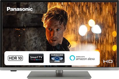 Panasonic TX-32JS360E 32" fladskærms-LED-TV i HD, viser et billede af en mand på en regnvåd baggrund med slørede lys