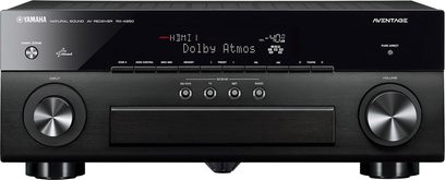 Yamaha RX-A850 sort hjemmebiografsforstærker, frontvisning, LED-display, kontrolknapper og -drejeknapper, 2 drejeknopper