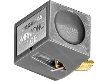 Diamond stylus for Nagaoka JN-PMONO 1.0E turntable cartridge, gray cubic plastic case with circular side pad, front label, and visible gold connector, three-quarter front view