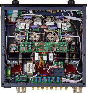 Amplificatore hi-fi a valvole PrimaLuna Evo 300 integrato nero, vista interna frontale che mostra i componenti elettronici e le valvole