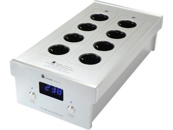 Мережевий фільтр Bada LB6610 сріблястий, 8 розеток, HiFi-фільтрація, синій LED-дисплей, вигляд спереду під невеликим кутом зверху