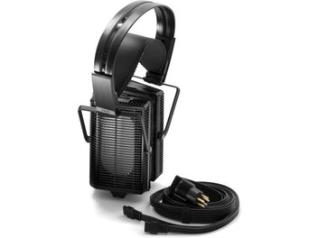 Open-back hi-fi headphones STAX Lambda SR-L500 MK2 in black, left side view, with dedicated cable and amplifier