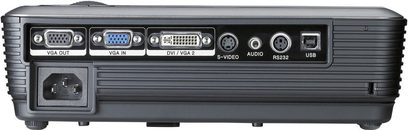 Optoma EP727 sort videoprojektor, bagside, VGA-, DVI-, S-Video-, audio-, RS232- og USB-stik