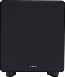Fyne Audio F3-10 subwoofer sort træ, set forfra, sort gitter, Fyne Audio logo nederst, sorte fødder