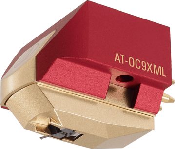 Rød og gylden Audio Technica AT-OC9XML pladespillercelle, 3/4 forsidefremvisning i nærbillede, i emballagen