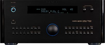 Rotel RSX-1562 sort hjemmebiograf-forstærker, frontpanel, frontvisning, blå skærm, sølvfarvede knapper og drejeknap
