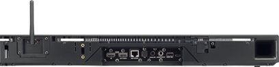 Yamaha YSP-1600 srebrna listwa dźwiękowa, widok z tyłu, złącza audio/wideo, port sieciowy, antena bezprzewodowa, przycisk zasilania