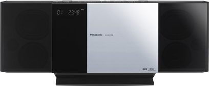 Panasonic SC-HC35EF-S sort multimediedockingstation, LCD-skærm, højttalere, indbygget stander, set forfra
