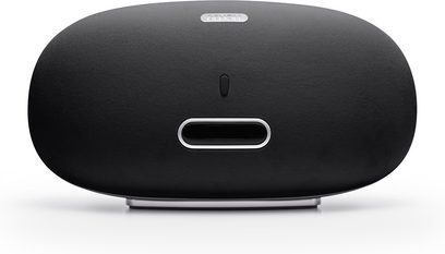 Trådløs, tilsluttet højttaler Denon Stream DS501 sort, set forfra, oval form, sort gitter, sølvfarvet logo, USB-port