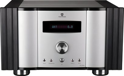 Integreret stereo forstærker Tonewinner AD-2PRO+ sort og sølv, front i aluminium med centralt display og stor volumenknap
